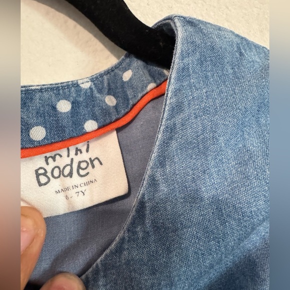 Mini Boden 6-7 blue Chambray Polka Dot Pocket Circle Dress - Picture 3 of 5
